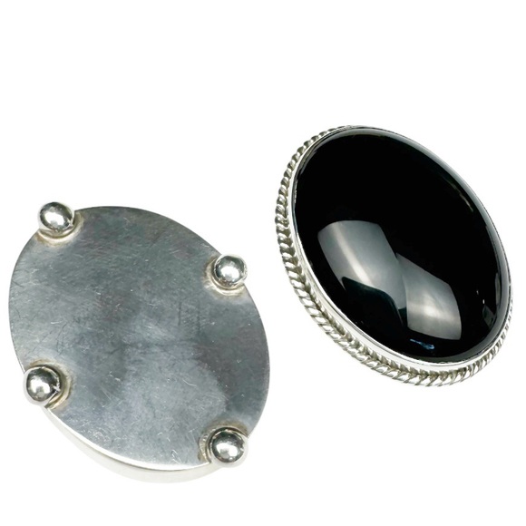 Hallmarked Silver Convertible Sterling Onyx Pill Box & Brooch - Picture 12 of 16